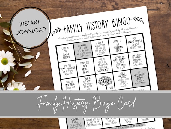 Family History BINGO Card -- Instant Dowload -- LDS Family Activity -- FamilySearch