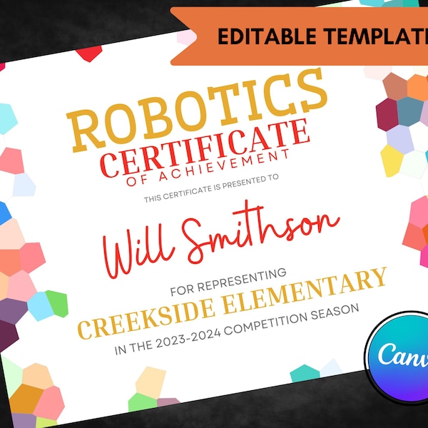 Robotics Certificate of Achievement - Editable Certificate - STEM - Digital Download - Canva