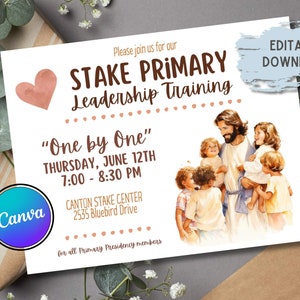 Reunión de capacitación primaria de estaca - Invitación editable - Descarga instantánea - Canva - Jesús y los niños - Uno por uno
