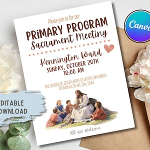 May include: A white invitation with brown text for a Primary Program Sacrament Meeting. The invitation includes the text "Kennington Ward, Sunday, October 20th, 10:00 AM" and an illustration of Jesus with children. The Canva logo is in the upper right corner.