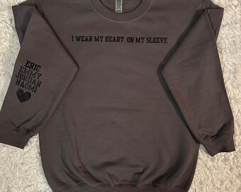 I wear my heart on my sleeve glitter personalized crewneck sweatshirt