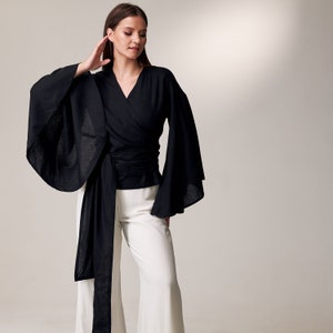 Linen kimono shirt, Short kimono women, Wide sleeve blouse, Linen kimono top, Long sleeve blouse, Linen wrap top, Long sleeve linen top
