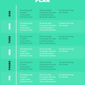 May include: A daily workout plan chart with a turquoise background. The chart lists exercises for each day of the week, including jumping jacks, squats, lunges, crunches, planks, calf raises, kneeling pushups, and Superman holds.