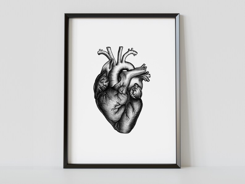 Heart Poster, Realistic Heart Wall Art, Black and White Printable