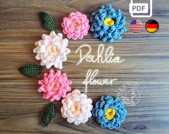 May include: A crochet pattern for a Dahlia flower. The pattern includes instructions for making five different coloured flowers: pink, peach, blue, light blue, and yellow. The pattern is available as a PDF download.