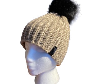 Creamy Brown Cabin Hat with Faux Fur Pompom