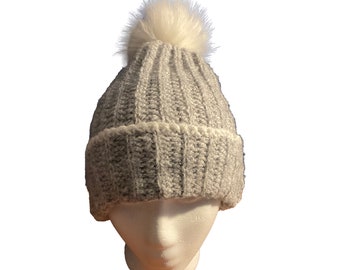 Light Gray Ribbed Crochet Beanie with Trim