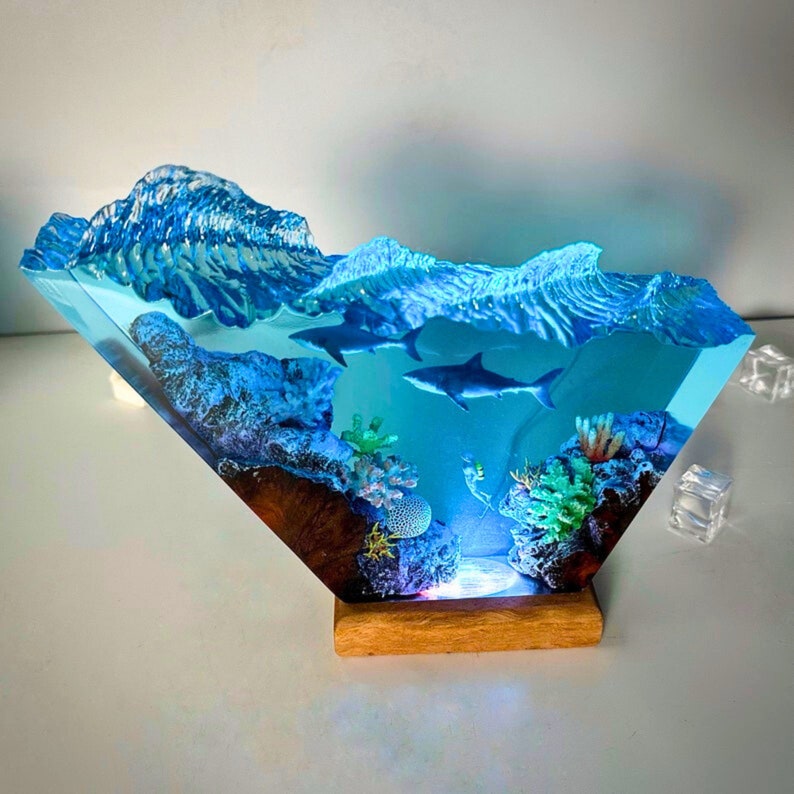 Great White Shark Scuba Resin Lamp Ocean Resin Night Light, Resin Shark