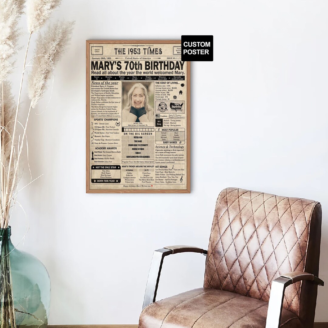 70th Birthday Newspaper Poster, Printable 70th Birthday Party Decor ...