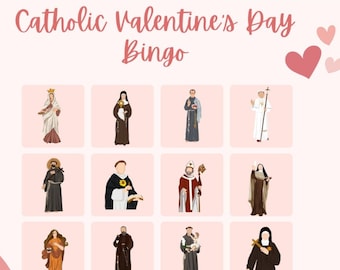 May include: Catholic Valentine's Day Bingo game with 5 bingo cards and 20 saint quotes. The game features illustrations of various saints in different poses.