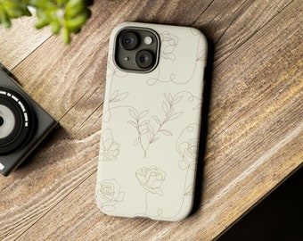 May include: A white phone case with a floral design. The case has a line drawing of roses and leaves in a light brown color. The phone case has a camera cutout for a dual-lens camera.