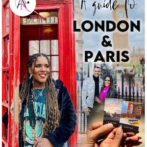 May include: A guide to London and Paris with a red telephone booth, a couple in front of a building, and a hand holding a Louvre museum ticket.