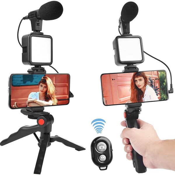 MECHIP Vlogging kit 6 en 1 Combo (microphone canon, lampe selfie, trépied, support mobile, support anti-choc, mousse antibruit)