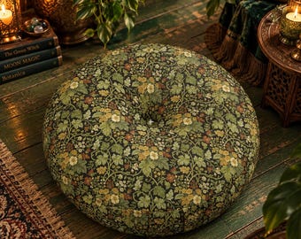 Floral Floor Cushion Seating, William Morris inspired Vintage Botanical Tufted Floor Pillow, Reading Nook Cushion, Meditation Pillow 2 sizes