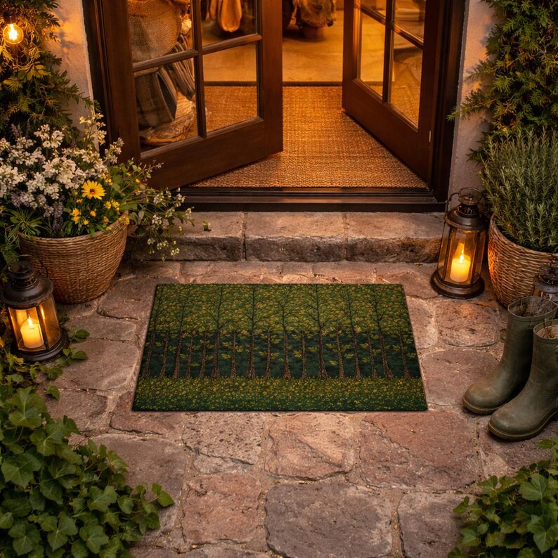 May include: A rectangular doormat featuring a dark green forest scene with tall trees and a ground covered in small yellow flowers. The mat is placed on a stone patio in front of an open doorway, flanked by two lanterns and potted plants.