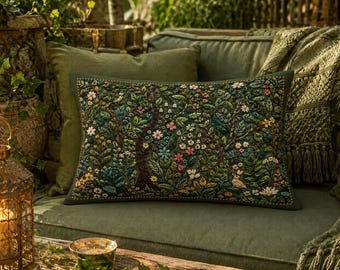 Woodland Lumbar Pillow, Green Botanical Bolster Pillow, Cottagecore Home Decor, Printed Faux Embroidery 20" x 14"