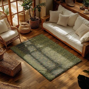 May include: A rectangular area rug featuring a detailed forest floor pattern with shades of deep green, mossy tones, and brown earth textures. The design depicts a dense woodland scene with scattered foliage and tree trunks across the surface.