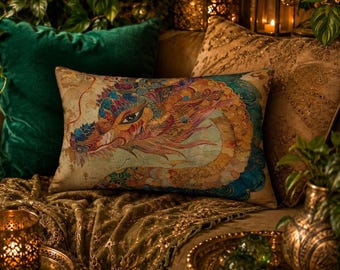 Dragon Lumbar Pillow, Klimt Inspired Bolster Pillow, Modern Art Nouveau Home Decor, 20" x 14"