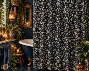 Vintage Cream Floral Navy Shower Curtain, Dark Cottagecore Fabric Bath Curtain, 71" x 74"