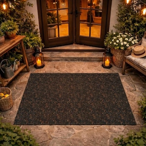Outdoor Rug, Black & Orange Fall Flowers, Lightweight Autumn Patio Rug, Dark Cottagecore Seasonal Floor Mat, Printed Faux embroidery