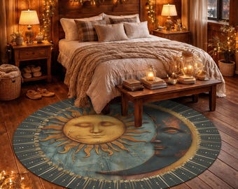 Vintage Sun + Moon Round Rug, Boho Home Decor, Meditation Mat, Unique Circle Rug, Mystical Home Accent, 60x60", Printed Design, Cute Gift