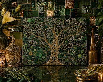 Tree of Life Glass Cutting Board, Klimt Inspired Art Nouveau Charcuterie Board, Challah Board, Serving Tray, Print on Tempered Glass, 2 Size