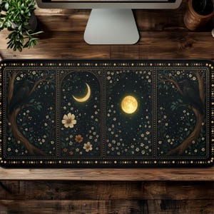 Celestial Raven Desk Mat, Witchy Moon Phase Mousepad, Night Sky Table Mat, Large Whimsigoth Desk Pad, 31x15.5&quot;, Witchy Desk Accessories