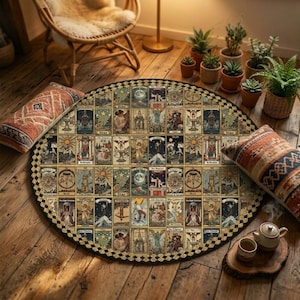 May include: A circular rug with a tarot card design, featuring a black and gold chequered border. The rug is set on wooden flooring, with two patterned cushions and potted plants nearby. The design has a vintage aesthetic.