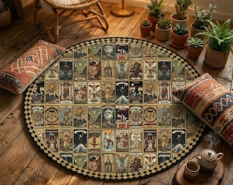 Witchy Vintage Tarot Rug, Round Rugs for Living Room, Rugs for Bedroom, Custom Rugs 60”x60” Aesthetic Room Decor, Whimsigoth Decor Gifts