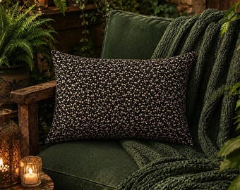 Floral lumbar pillow, Dark Cottagecore Bolster Throw Pillow, Black  & Beige, 20" x 14"