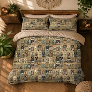 May include: A bedding set featuring a duvet cover and two pillowcases with a repeating grid pattern of tarot card illustrations. The design displays various figures, celestial symbols, and mystical imagery in muted earth tones, gold, and deep blues.