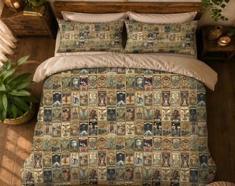 Zestaw pościeli Vintage Tarot Bedspread, kołdra i poszewki na poduszki, kołdra Witchy, rozmiary Queen/King, pościel w 100% bawełniana