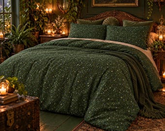 Green Floral Duvet Cover & Matching Pillow Covers, 100% Cotton Woodland Cottagecore Bedding, Printed Faux Embroidery, Twin, Queen, King size