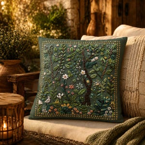 Forest Pillow Cover, 4 sizes, Animal-friendly Faux Suede Decorative Cushion Cover, Cottagecore Decor, Printed Faux Embroidery