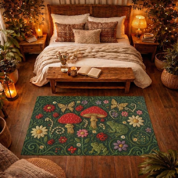 Mushroom & Frog Forest Area Rug, Nature Inspired Decor, Cute Goblincore Living Room Carpet Bedroom Floor Mat, Faux Embroidery Printed Design