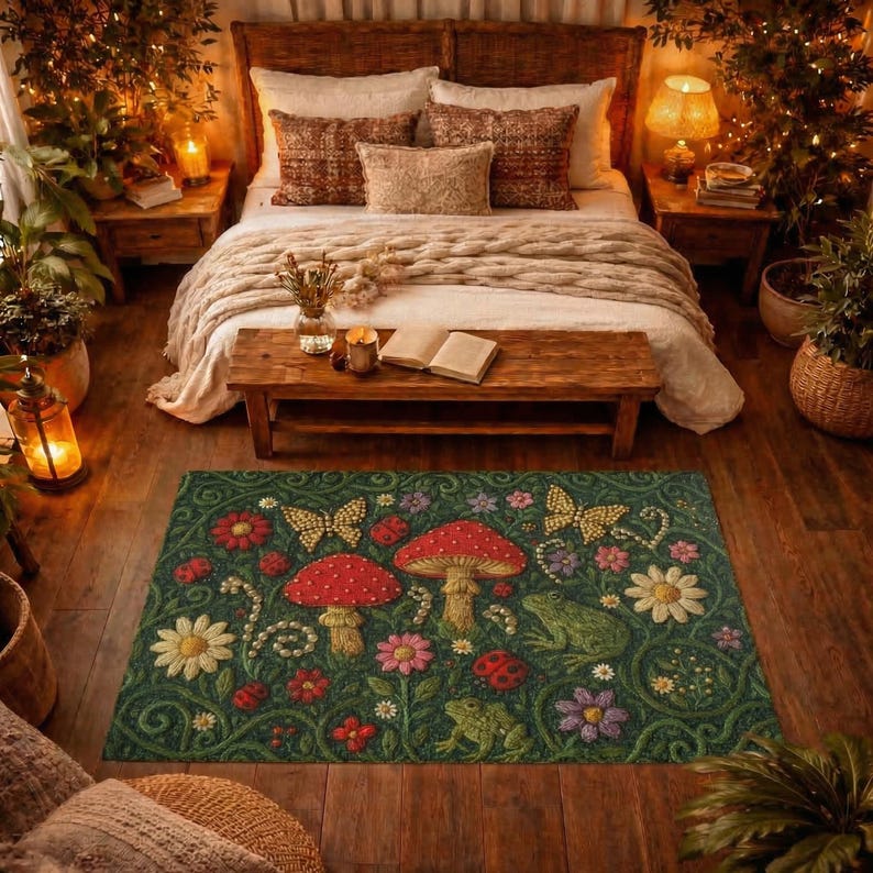 May include: A rectangular area rug featuring a dark green background with a repeating pattern of red mushrooms, yellow butterflies, ladybugs, green frogs, and various colourful flowers including white daisies and pink blossoms across the surface.