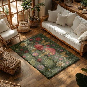 May include: A rectangular area rug featuring a dark green background with a repeating pattern of red mushrooms with white spots, various colourful flowers, and yellow butterflies. The design includes small ladybugs scattered throughout the foliage.