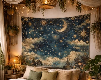Celestial Sun & Moon Altar Cloth Tapestry, Tarot Cloth, Witchy Wall Decor, Festival Wall Hanging, Astrology Art, 3 Sizes, Cute Gift Idea