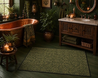 Green Floral Floor Mat, William Morris inspired Entrance Rug, Doormat, Kitchen Mat, Non-slip Bathroom Rug, Low Profile, 4 Sizes