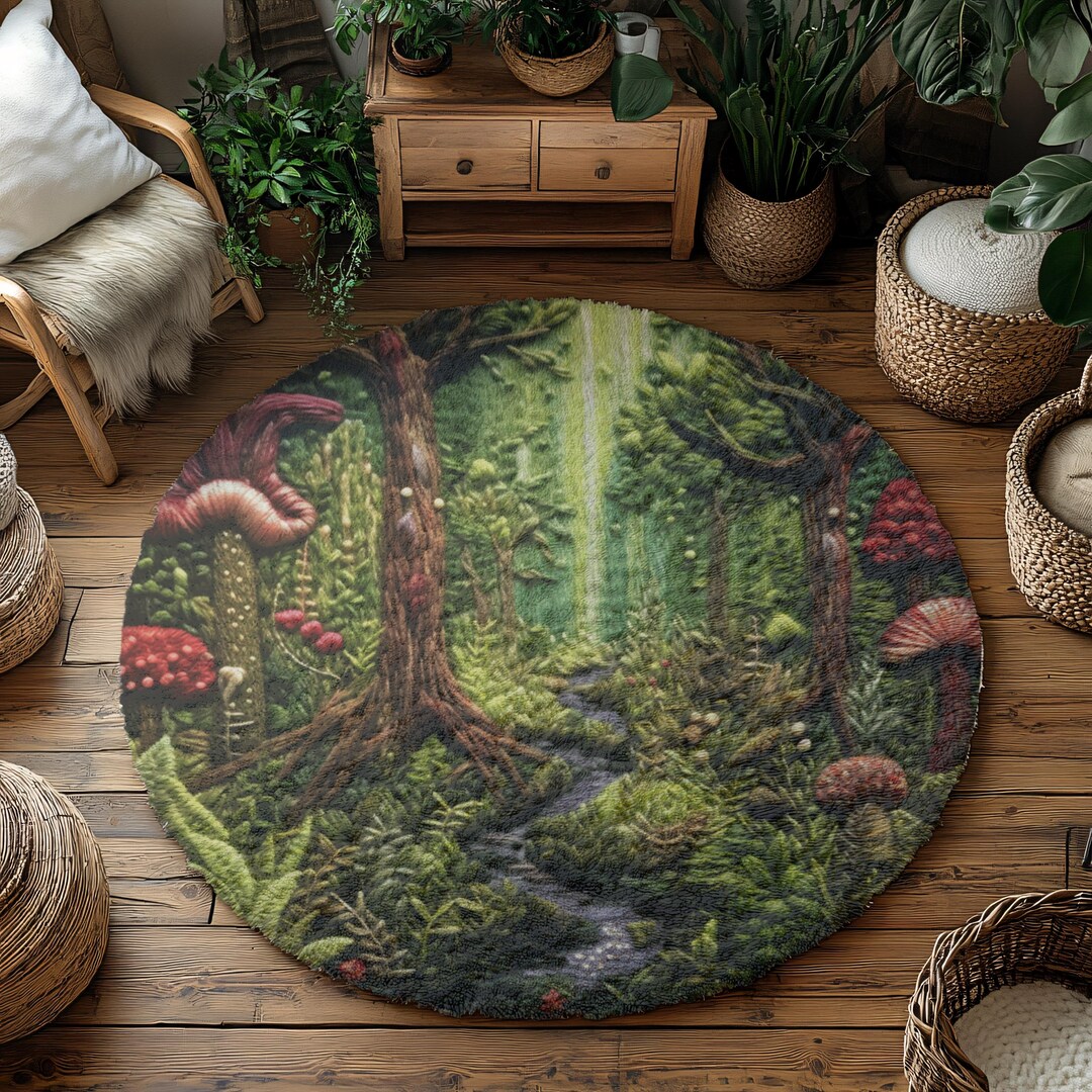 Small Round Forest Rug Mushroom Forest Rug, Round Rugs for Living Room or Bedroom, Custom Rugs ...