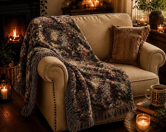 Floral Woven Blanket, 100% Cotton Vintage Style Tapestry Throw Blanket or Wall Hanging, Boho Bedroom Decor, 3 Sizes