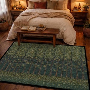 May include: A rectangular area rug featuring a repeating forest pattern with tall, slender tree trunks in shades of dark green and brown, set against a deep teal background with a textured, mossy green floor layer and a solid black border.