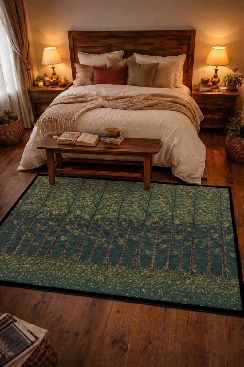 May include: A rectangular area rug featuring a repeating forest pattern with tall, slender tree trunks in shades of dark green and brown, set against a deep teal background with a textured, mossy green floor layer and a solid black border.