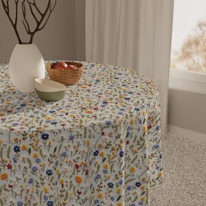 Wildflowers Tablecloth, Square Cottagecore Table Decor, 51”x51”, Polyester Floral Dinner Table Cover, Housewarming Gift Idea, Printed Design