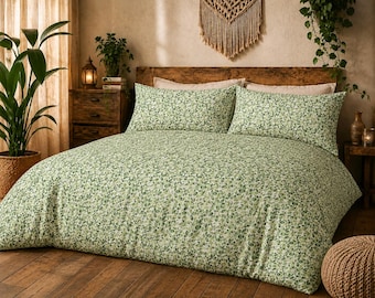 Green Leaf Bedspread Comforter and Pillow Covers, Botanical Cottagecore Bedding, King & Queen Sizes, 100% Cotton or Polyester
