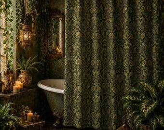 Floral Shower Curtain, William Morris Inspired Green Botanical Fabric Bath Curtain, Aesthetic Bathroom Decor, 74" x 71"