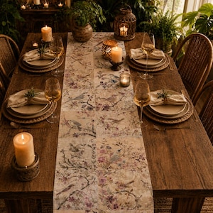 May include: A rectangular table runner featuring a repeating pattern of birds perched on flowering branches in shades of pink, brown, and cream. The runner is centered on a dark wooden dining table set with woven placemats, ceramic plates, and wine glasses.
