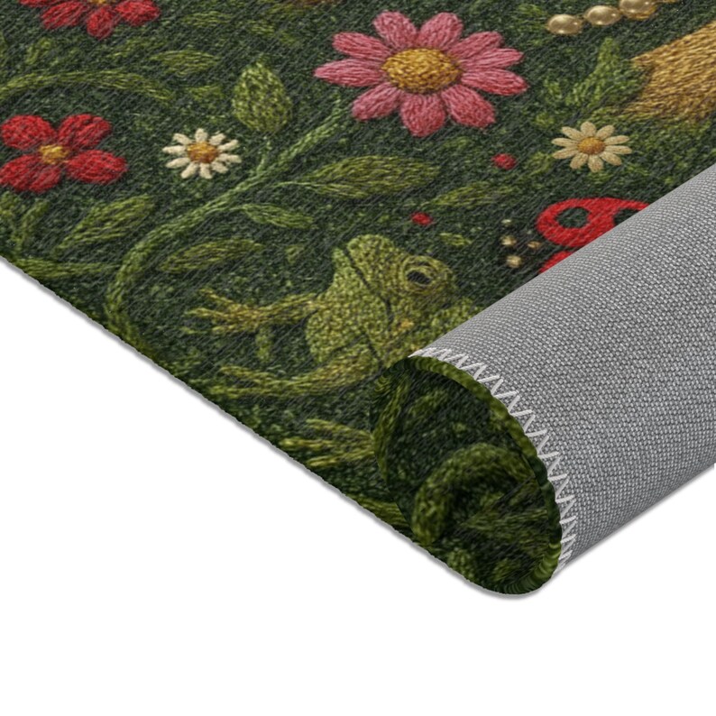 Mushroom & Frog Forest Area Rug, Nature Inspired Decor, Cute Goblincore Living Room Carpet Bedroom Floor Mat, Faux Embroidery Printed Design image 7