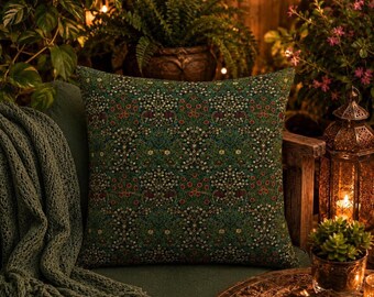 William Morris Inspired Floral Outdoor Pillow, Green Botanical Throw Cushion, Water Resistant Patio Decor, 4 Sizes