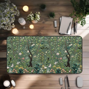 Botanical Desk Mat, Green Floral Printed Cottagecore Nature-Inspired Workspace Decor, Cute Cubicle Decor Gift Idea, Printed Design, 3 Sizes